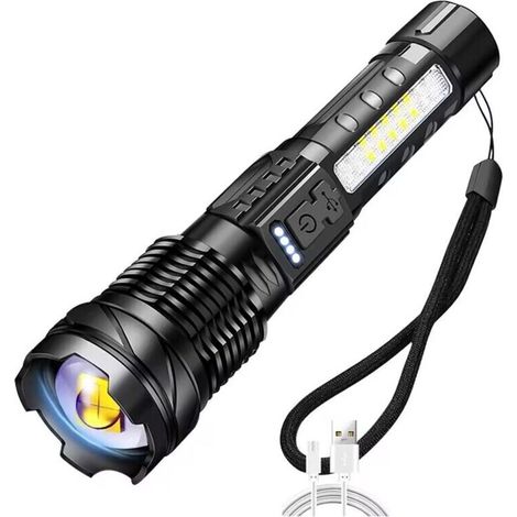 Linterna de alta potencia, recargable por USB, iluminación exterior, láser blanco con advertencia COB, luz de trabajo lateral de 30 W. (1/5)
