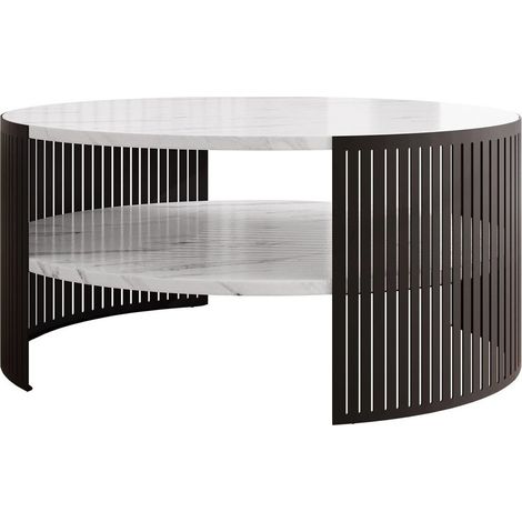 Mesa de centro Civer, Negro + Mármol blanco, 40x0x0cm, Diámetro: 75, Aglomerado laminado, Redonda
