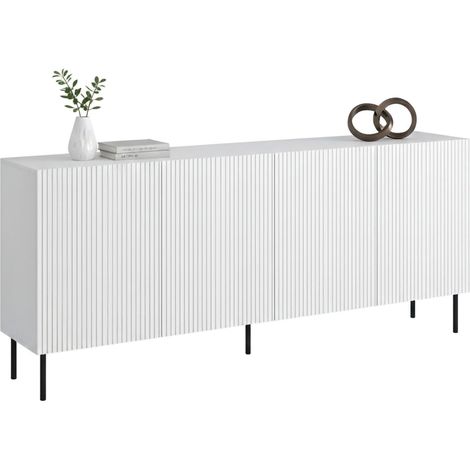 Sideboard Corana, Wohnzimmer-Sideboard mit vier Flügeltüren, hochgezogen, 200 x 42 x 82 cm, weiß