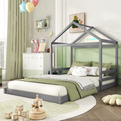 Letto a casetta per bambini 140 x 200 cm in legno grigio, salvaspazio, senza materasso FloraGrace (1/5)