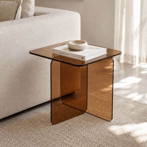 Bout de canapé carré 50x50x45 cm en verre trempé marron - KURANO (1/3)