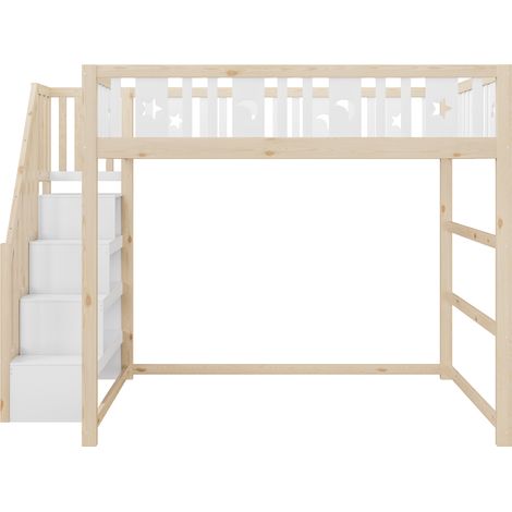 Cama alta infantil 140 x 200 con escalera, almacenaje y barreras, blanco y madera natural HOMVRA (1/5)