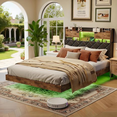 Lit 140x200 avec sommier flottant, cadre lits avec led et ports usb & type-c, tête de lit avec rangement, 2 places pour adultes et adolescents (1/5)