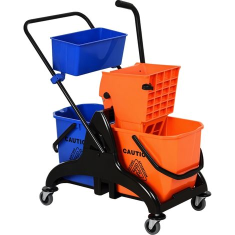 Chariot de nettoyage professionnel 26 L avec 2 seaux de lavage de sols, en plastique et métal, 78 x 45 x 95 cm, orange et bleu