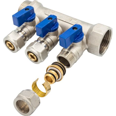 Heizkreisverteiler Verteiler mit 3 Abgängen Kugelhahn Blau MF-1” 3 x 16 Verteiler mit 3 Abgängen Kugelhahn Blau MF-1” 3 x 16