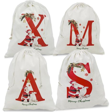 Sachet Cadeau Noël Grand Format avec Cordon et Lettres, Sac Réutilisable pour Biscuits, Bonbons, Anniversaire et Cadeaux d'Enfants (4pcs-XMAS) (1/5)