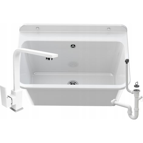 Évier Buanderie - Blanc - 610x410x300 mm - Résistant - Avec Robinet et Siphon - Large