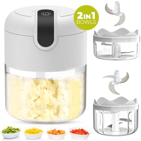 Mini-Akku- und tragbarer elektrischer Knoblauchzerkleinerer, USB-aufladbar, für Ingwer, Zwiebeln und Gemüse (150+250 ml Schüssel) (1/5)