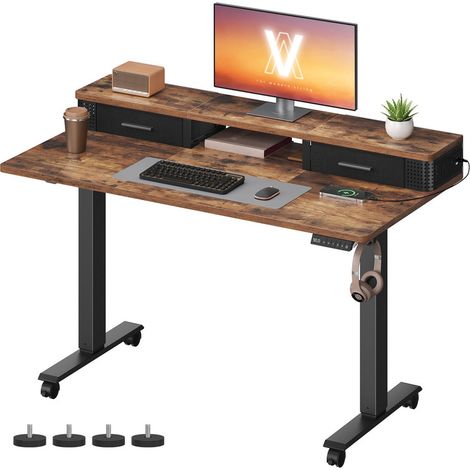 Electric Standing Desk with Built-In Power Strip, 120 x 60 x (72-120) cm, Adjustable Height, Monitor Stand, 2 Hooks and Drawers, Memory Function (1/5)