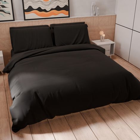 Parure de lit 1 Place et demie 200 x 200 cm (2 taies d'oreiller 63 x 63 cm incluses), Housse de Couette Douce en Microfibre Couleur Unie Noire (1/5)