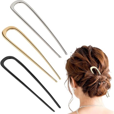 Chignon Pince, 3 Pcs Fourche à Cheveux Élégante en Métal, pour la Coiffure Classique à la Française, Épingles à Cheveux Françaises, Pince a Chignon en Forme de U Qui Fixe Solidement la Coiffure (1/5)