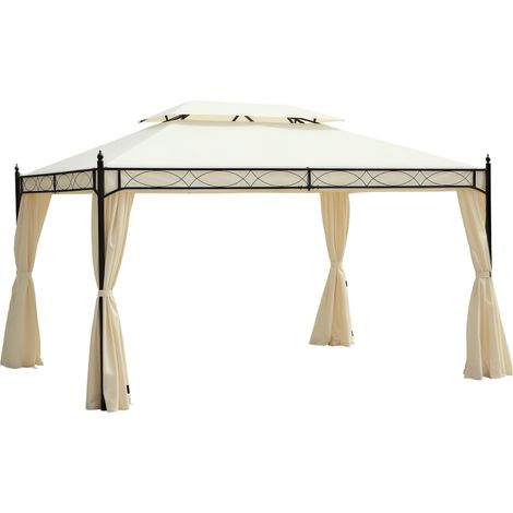 Gazebo de jardin en acier 3x4m avec double toit et 4 auvents latéraux, couleur crème, adapté pour l'extérieur (1/5)