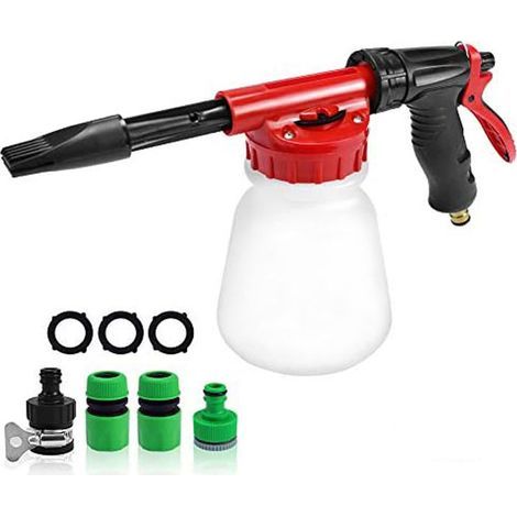 Pistolet à mousse pour tuyau d'arrosage, canon mousse lavage voiture camping-car moto, 1L, raccord laiton, buse 2 positions, molette réglage 6 positions, kit 4 raccords + joints + téflon (1/5)