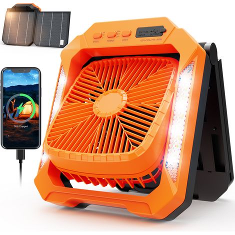 Ventilatore solare da 26800 mAh con doppio pannello solare pieghevole, ventilatore da campeggio silenzioso, 3 velocità, LED e timer ventilatore da tavolo portatile per tenda, viaggi e pesca