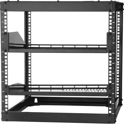 Bâti rack ouvert 10U, profondeur 585 mm, montage mural ou sur pied, 4 montants robustes, avec étagères ventilées et visserie, pour équipements réseau IT et AV. (1/5)
