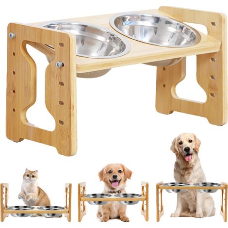 Gamelle en bois antidérapante pour chien réglable en hauteur: 9 hauteurs réglables avec support, Gamelle surélevée - MMCD-ZGL-04952 (1/5)
