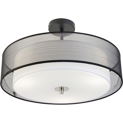 QAZQA Lampada da soffitto drum-neutron - Moderno - Tessuto,Acciaio,Vetro - Nero/Bianco - Tondo E27 Max. 3 x 8.5 Watt