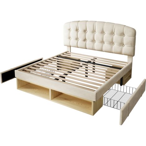 Lit double 140x190 cm en velours beige avec tête de lit réglable, tiroirs et rangements, cadre avec lattes sans matelas (1/5)