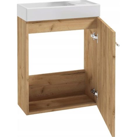 Meuble de salle de bain avec un petit lavabo suspendu en chêne massif (50 x 70 cm) et un robinet chromé allongé. (1/5)