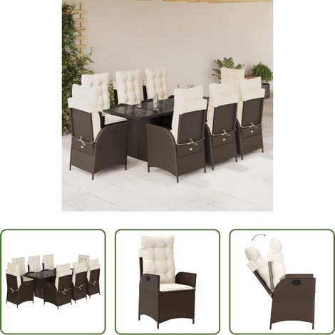 vidaXL Gartentisch - 9-tlg. Garten-Essgruppe mit Kissen Braun Poly Rattan (1/5)