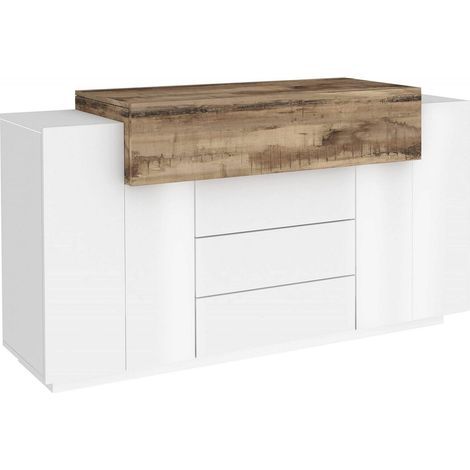 Dmora Credenza moderna, Madia di design a 3 ante e 3 cassetti, Made in Italy, Mobile Porta TV, Buffet da soggiorno, cm 160x45h86, colore Bianco lucido e Acero, con imballo rinforzato (1/4)