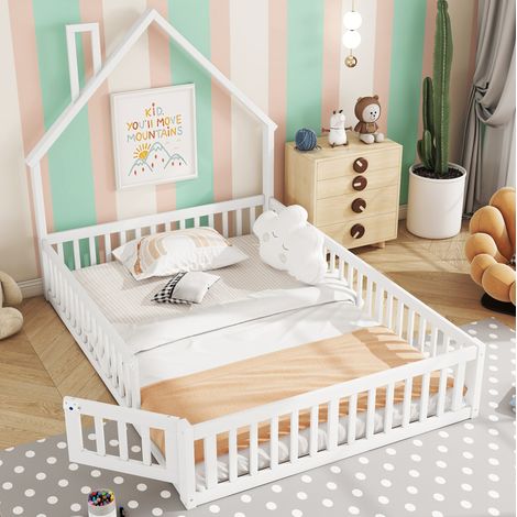 Lit enfant en pin et MDF blanc 140x190 cm avec sommier à lattes et barrières de sécurité (1/5)