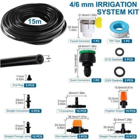 81 Pièces 4/6 mm Kit d'irrigation Goutte, 15m Tuyau d'irrigation, Systeme Irrigation, avec Raccords Cannelés Droits, Connecteurs en T, Bouchons d'extrémité, pour Jardin, Plantes (1/3)