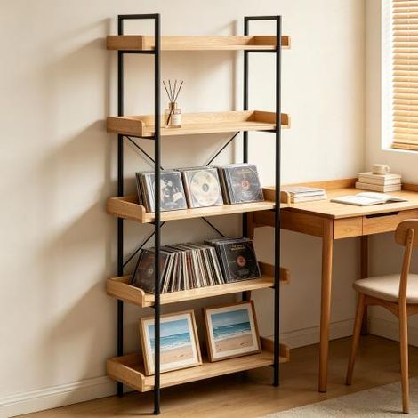 Librerie a colonna con 5 ripiani, nero e rovere chiaro, 91x25.5x173 cm
