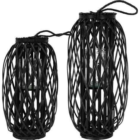 ECD Germany 2er Set Laterne Ried 50xØ28cm/60xØ27cm mit Henkel, Schwarz, Seilfaser, Flechtoptik Rattan Windlicht mit Glaseinsatz, Retro-Laterne, Handgeflochtene Gartenlaterne Kerzenhalter Kerzenständer
