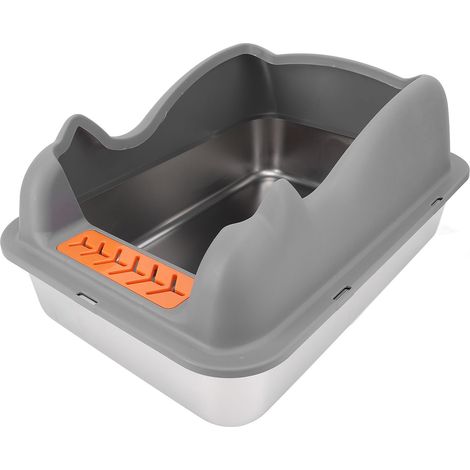 Bac à litière pour chat en acier inoxydable avec couvercle, facile à nettoyer, anti-éclaboussures, grand format, à bords hauts, gris foncé (1/5)