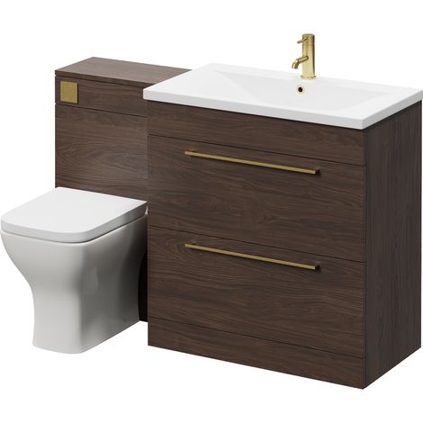 Napoli 460 Brown Oak 1300mm 2 Drawer Vanity Unit Toilet Suite with Glide Basin - 1300mm - Brushed Brass 480mm HandleWith Kingston Toilet Pan and Seat