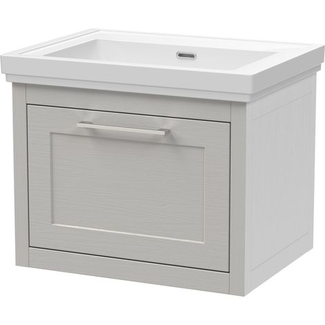 Blithbury Traditional Bathroom Wall Hung 1 Drawer Vanity Unit and 0 Tap Hole Fireclay Basin, 600mm, Woodgrain Grey