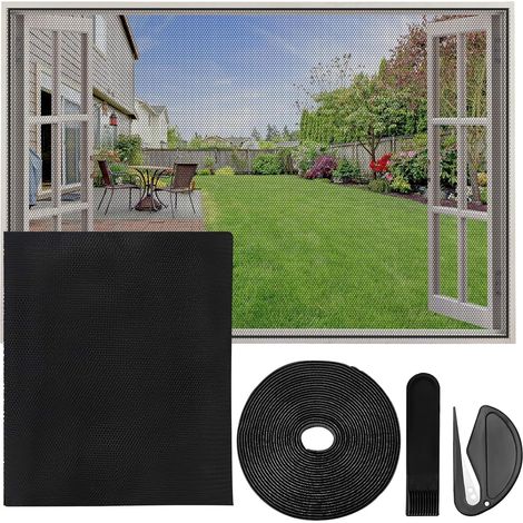 Moustiquaire Fenetre Recoupable, Filet Anti-Insectes avec Bande Auto-Agrippante, Moustiquaire Adhésive pour Fenêtre, Auto-Adhésive et sans Perçage (110x130cm, Noir)