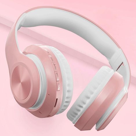(Rose) Écouteurs Bluetooth sans fil pliables avec oreillettes, arceau, microphone et emplacement pour carte. (1/3)