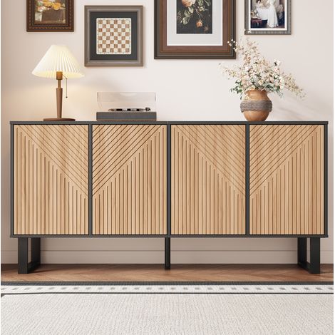 Meuble TV 160x38x75 cm noir et naturel en MDF et panneaux de particules avec portes rainurées 3D (1/5)