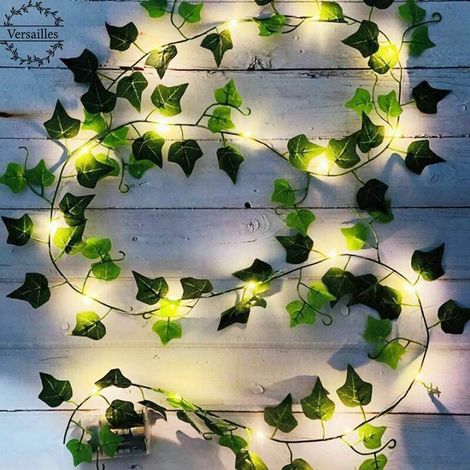 Lierre Artificiel, [1 PCS] 2M Feuille Guirlande Lumineuse, Plantes Artificielles avec 20 LED et Vert Feuille, Chaîne Lumières LED de Vigne pour Jardin, Cour, Maison, Patio, Fête de Mariage Décoration (1/4)