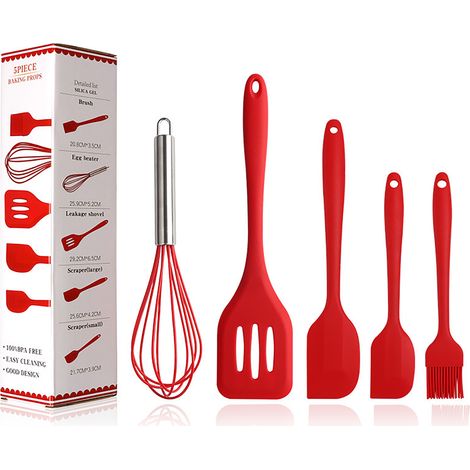 Lot de 5 ustensiles de cuisine en silicone antiadhésif : fouet, pinceau à huile, spatule pour cuisson, pâtisserie et gâteaux (1/5)