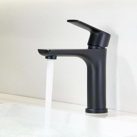 Robinet de salle de bain, robinet de lavabo avec vidage, mitigeur lavabo économe en eau, robinet haute pression pour salle de bain, mitigeur monocommande, noir mat (1/5)