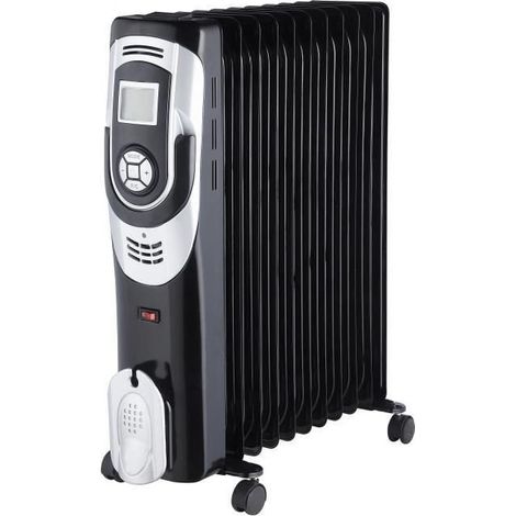 Radiateur bain d'huile 2500W – Thermostat électronique – 2 allures de chauffe – Dimensions 50,5 x 24 x 62,5 cm – Noir et chrome – Dx Drexon