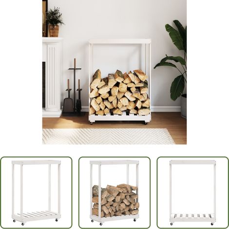 vidaXL Bûches - Porte-bûches avec roulettes blanc 76,5x40x108cm bois massif pin (1/5)