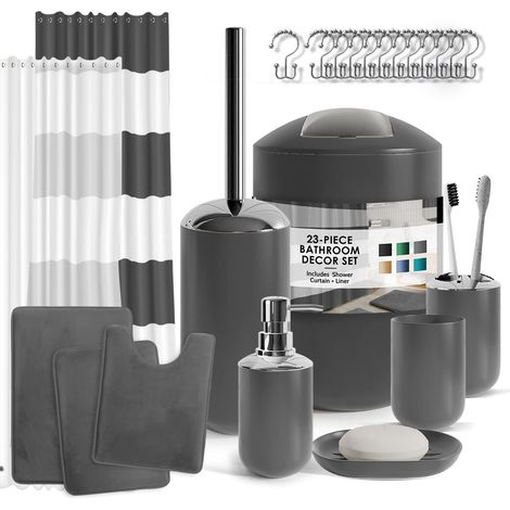 Ensemble d'accessoires de Salle de Bain, Rideau de Douche et Tapis, 23 pièces, Rideau de Douche avec Doublure, Distributeur de Savon, Porte-Savon, Porte-Brosse WC et Poubelle, Gris (1/5)