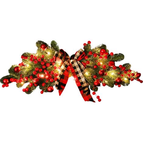 Künstlicher PE-Weihnachtsschmuck mit roten Beeren, karierter Schleife und Lichterkette für Haustür, Tisch, Fenster oder Treppenhaus. (1/2)