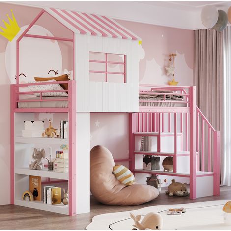Lit mezzanine 90x200 cm avec escalier de rangement et étagères, design maison, rose (1/5)