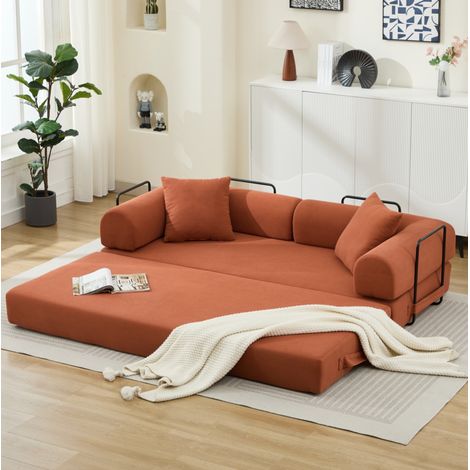 Divano letto pieghevole convertibile con 2 cuscini, materasso a molle in schiuma, divano futon per soggiorno, ufficio e appartamento, velluto a coste arancione - 2 posti (1/5)