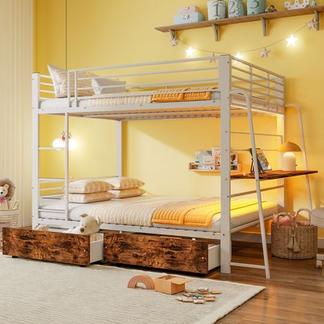 MODFU – Cama alta para adultos 140x200 cm con escritorio y compartimentos, LED RGB, USB-C, estructura de MDF/metal, carga 250 kg – Blanco (1/5)