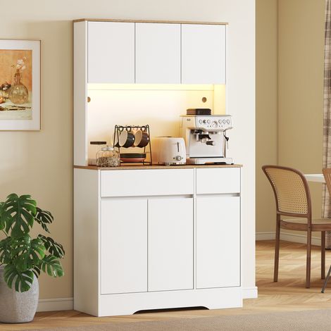 Küchen-Sideboard, hohes Aufbewahrungsmöbel mit RGB-LED-Beleuchtung, Arbeitsplatte, 6 Türen, 2 Schubladen, weiß