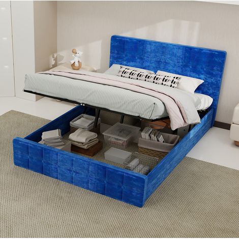 Bett modern gepolstert aus Samtstoff Blau 140x200 cm mit gestepptem Kopfteil (1/5)