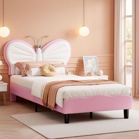 Bett für Kinder 90x200 cm mit Schmetterlingsmotiven und Leselampe, Einzelbett 90x200 cm, verstellbares Kopfteil, Samt, 1 Platz, Rosa