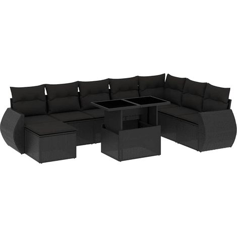 vidaXL Set Divani da Giardino 9 pz con Cuscini Nero in Polyrattan (1/5)