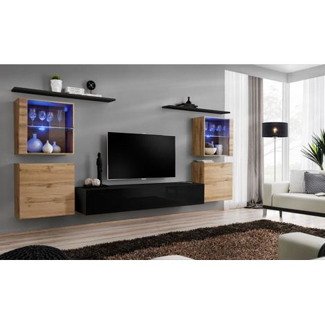 Ensemble mural - Switch XIV - 4 vitrines - 1 banc TV - 2 étagères - Bois et noir - Modèle 1 - Livraison gratuite